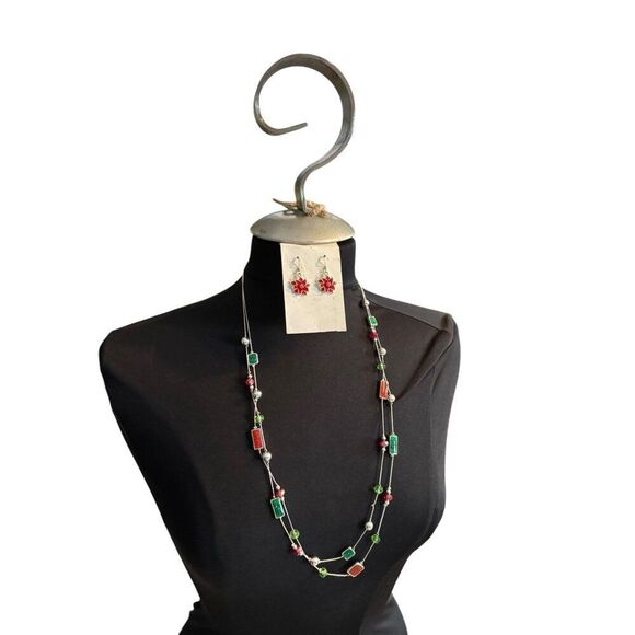 Festive Multicolor Beaded Necklace & Snowflake Earrings Set - Picture 4 of 9